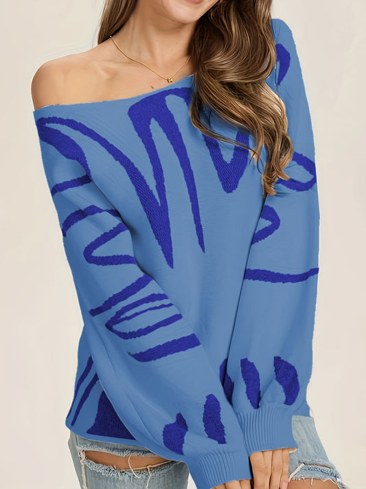 Random Pattern Boat Neck Pullover Sweater Lantern Sleeve