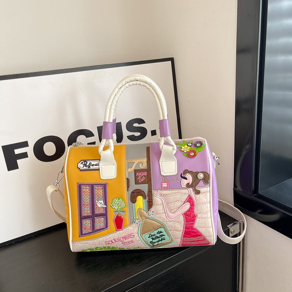 Boho Chic Boston Bag With Embroidery Patchwork Crossbody