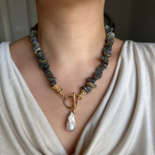 Iridescent Labradorite Necklace With Imitation Pendant And Copper Tone Chain