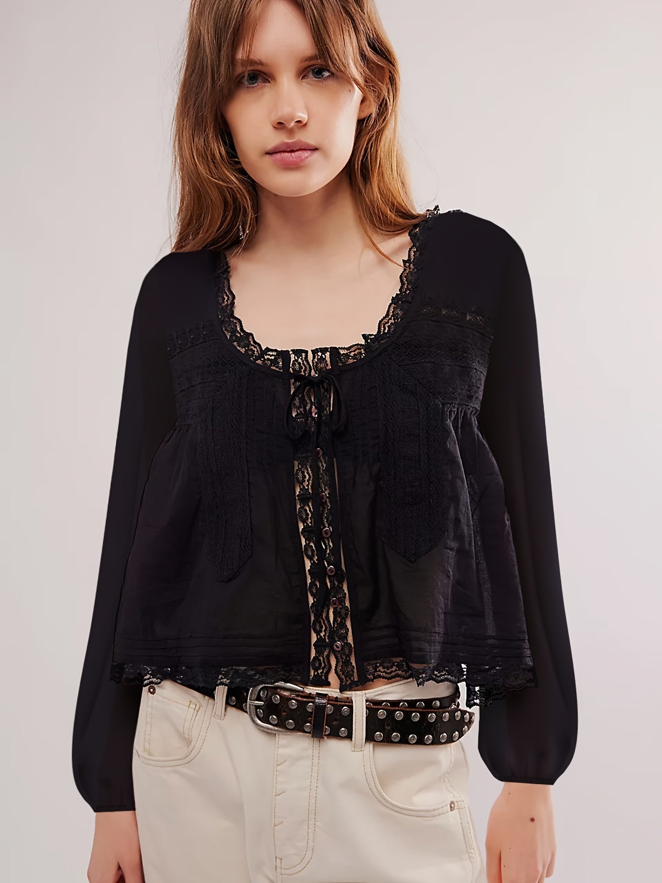 Cotton V Neck Lace Blouse With Braided Detail And Cutout Long Sleeve