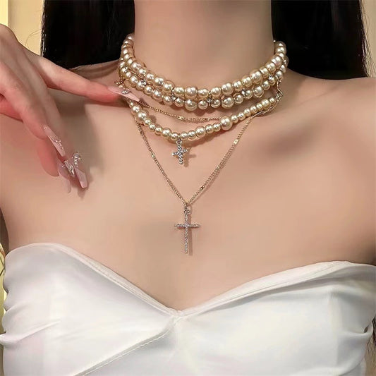 Layered Pearl Cross Pendant Necklace With Sweater Chain
