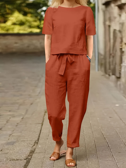 Cotton Womens 2 Piece Short Sleeve Wide Leg Pajama Set