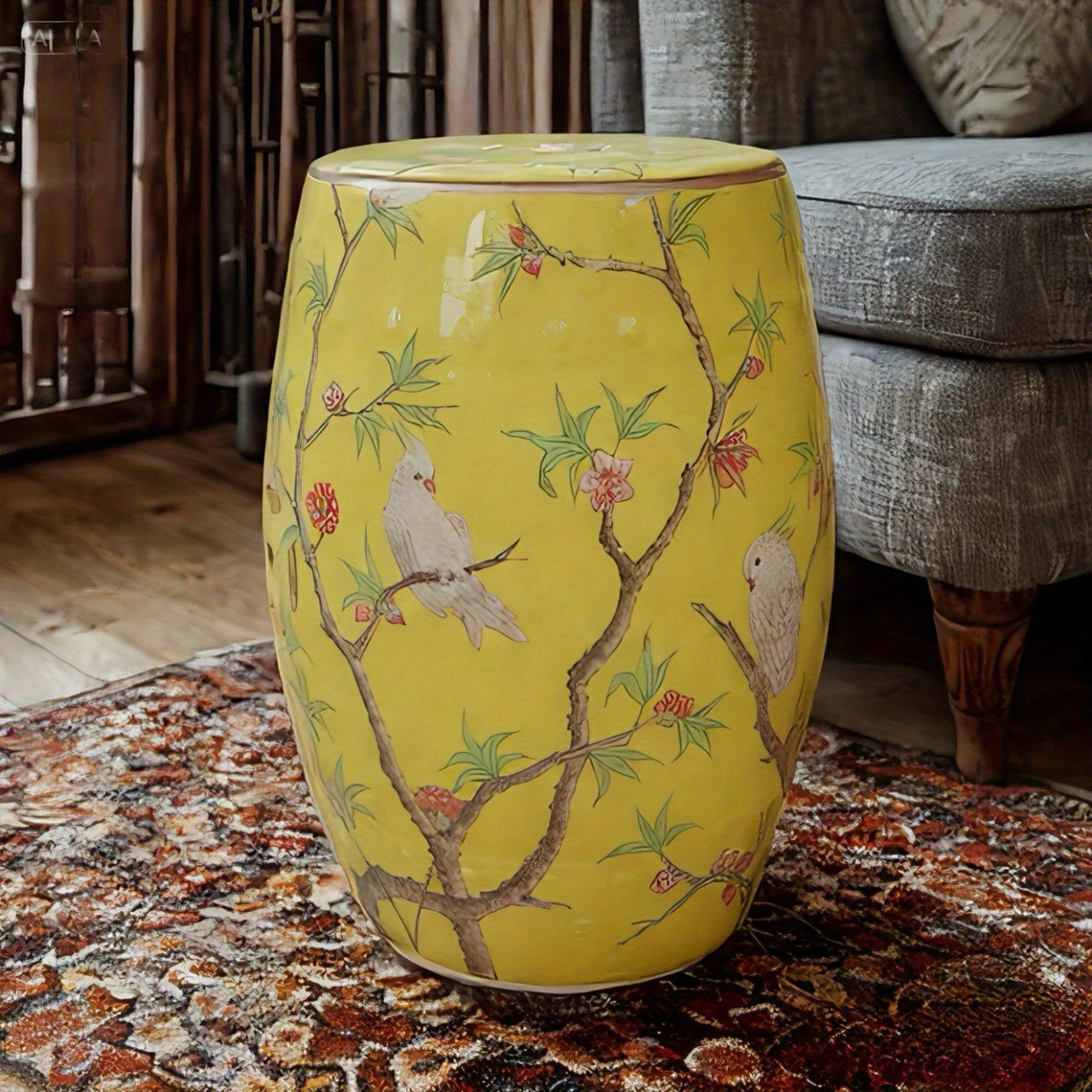 Ceramic Drum Stool Asian Classical Style Ornate Bird Blossom