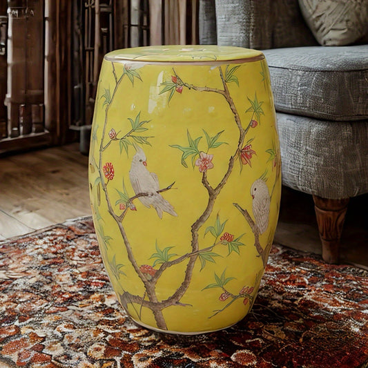 Ceramic Drum Stool Asian Classical Style Ornate Bird Blossom