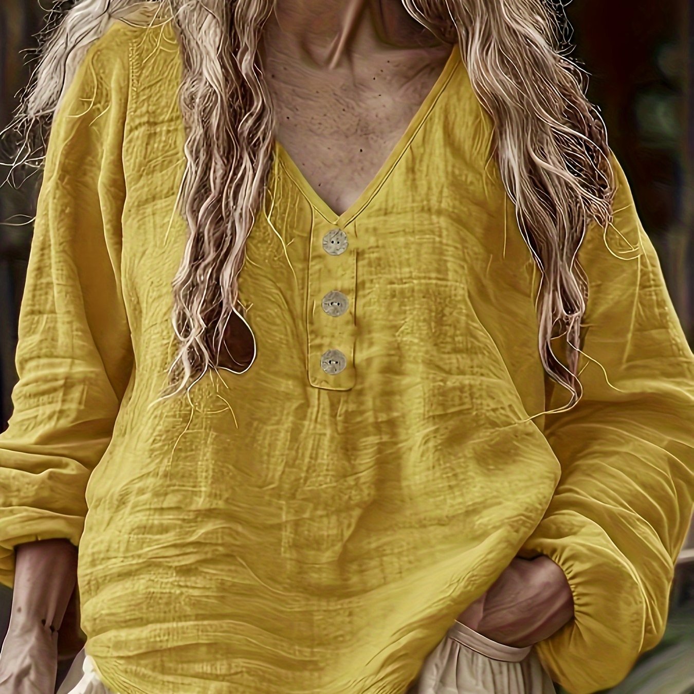 Linen Long Sleeve Vneck Top For Women Button Front Blouse