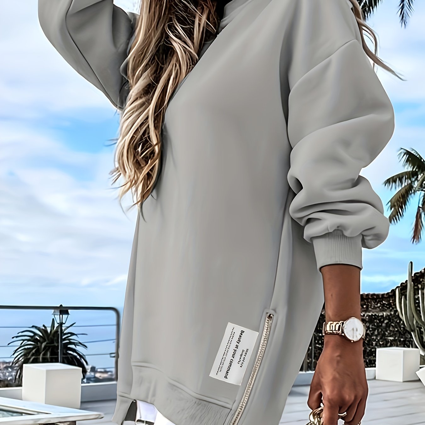 Chicme Zipper Embellished Crew Neck Sweatdress Polyester Blend Modern Casual Women Dress