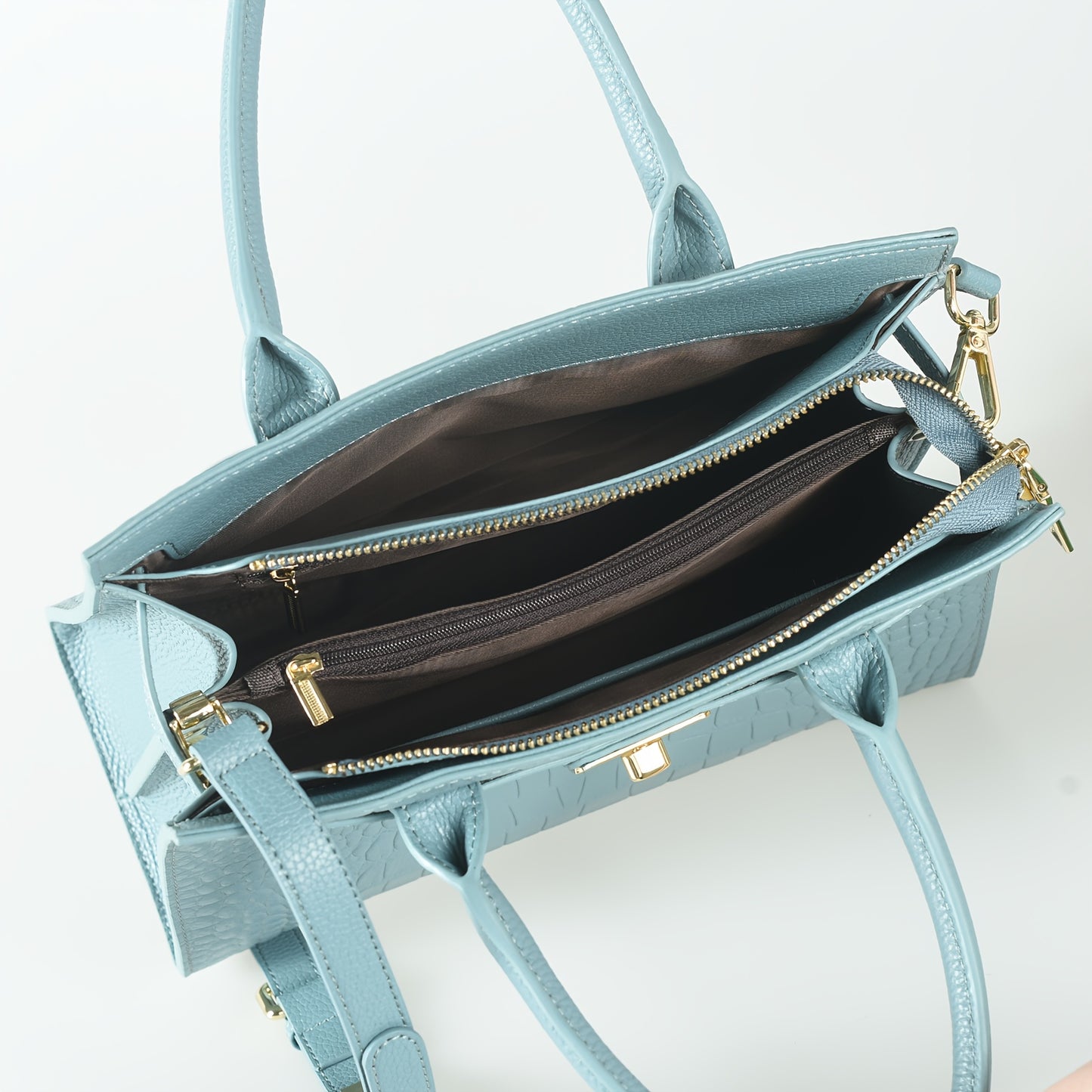 Crocodile-Texture Leather Handbag With Detachable Strap And Zipper