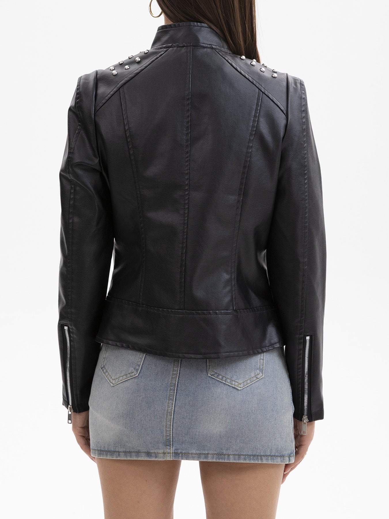 Scacto Women's Faux Leather Lapel Jacket With Beaded Studded Collar