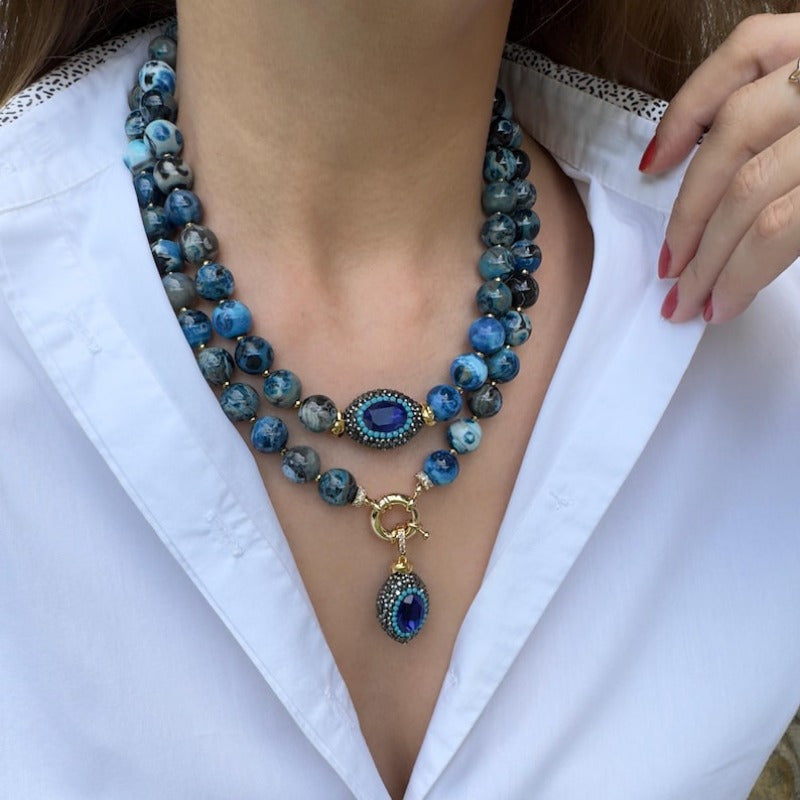 Boho Natural Stone Necklace With Golden Copper Beads Oval Pendant