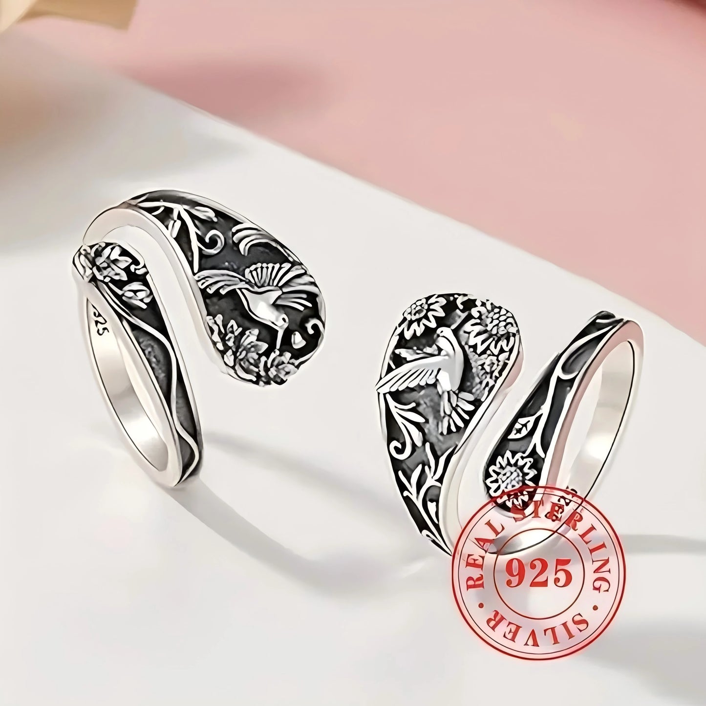 Boho Bird and Flower Ring in Sterling Silver for Women