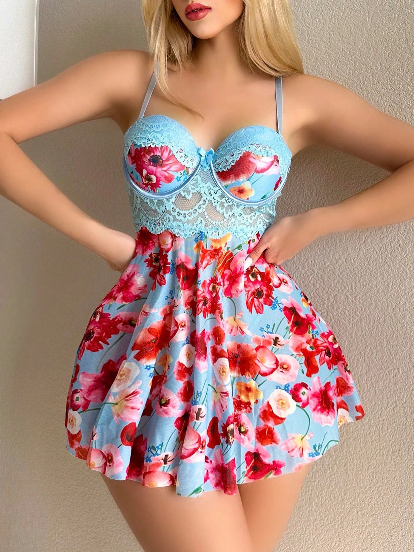 Floral Lace Underwire Babydoll Nightgown With Thong Set For Women