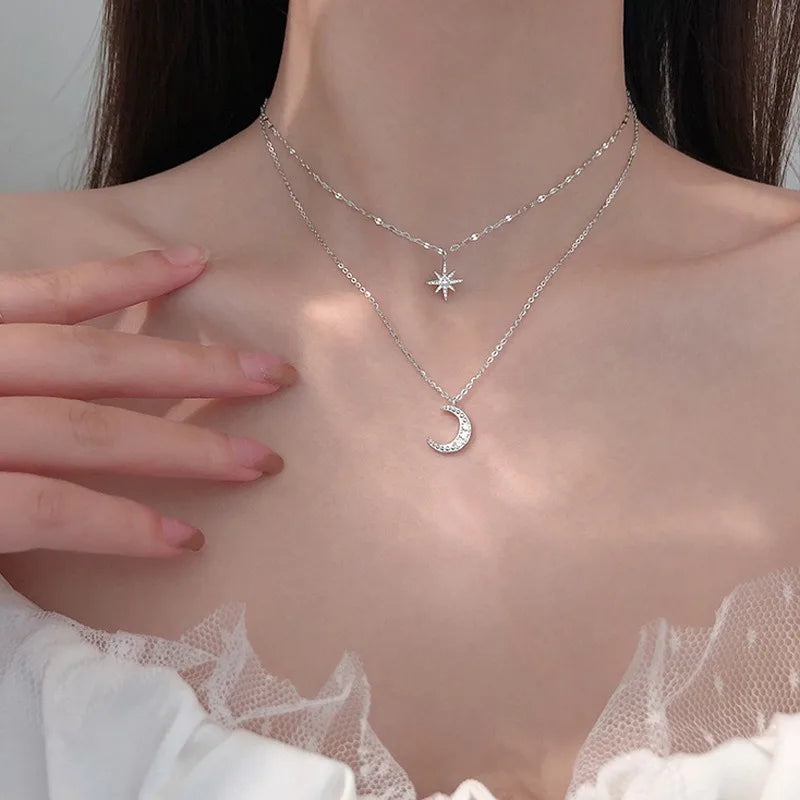 NONECN Double Layer Zircon Star Moon Pendant Necklace For Women