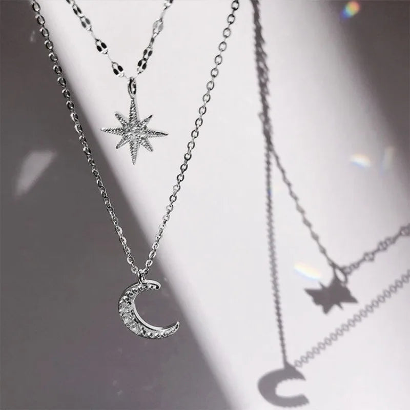 NONECN Double Layer Zircon Star Moon Pendant Necklace For Women
