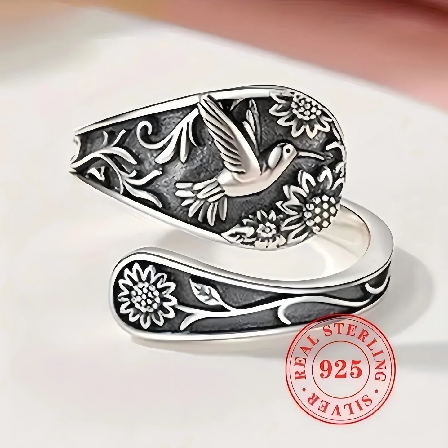 Boho Bird and Flower Ring in Sterling Silver for Women