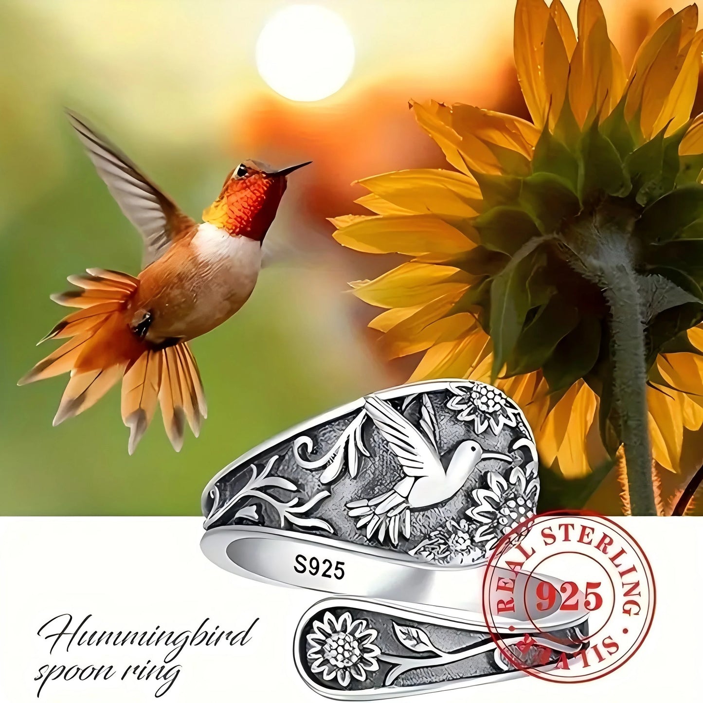 Boho Bird and Flower Ring in Sterling Silver for Women