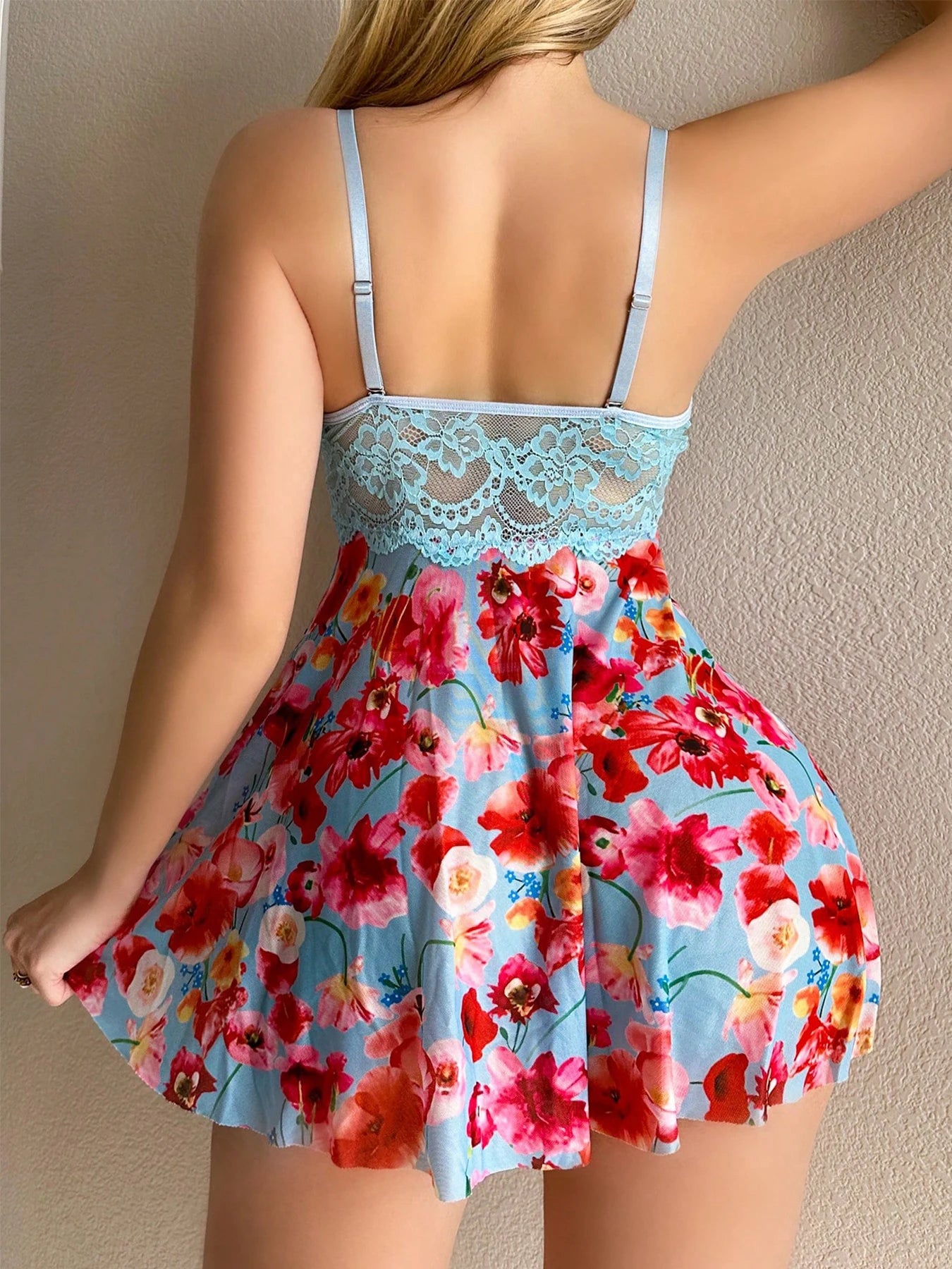 Floral Lace Underwire Babydoll Nightgown With Thong Set For Women