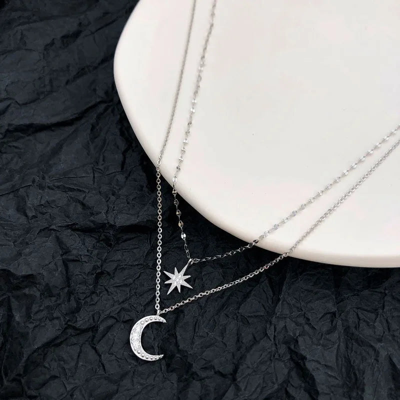 NONECN Double Layer Zircon Star Moon Pendant Necklace For Women