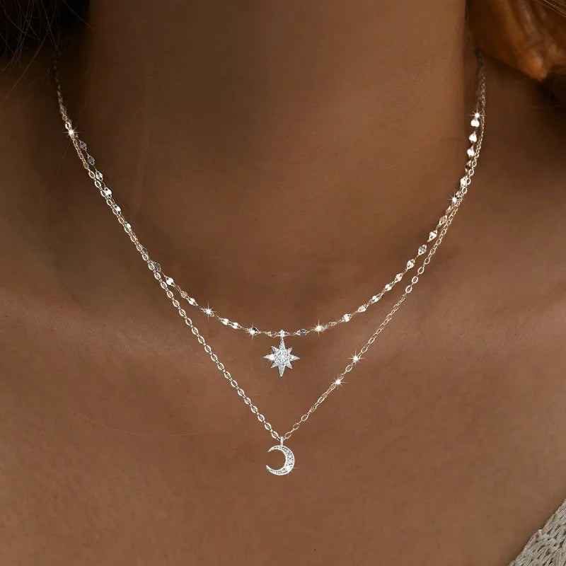 NONECN Double Layer Zircon Star Moon Pendant Necklace For Women