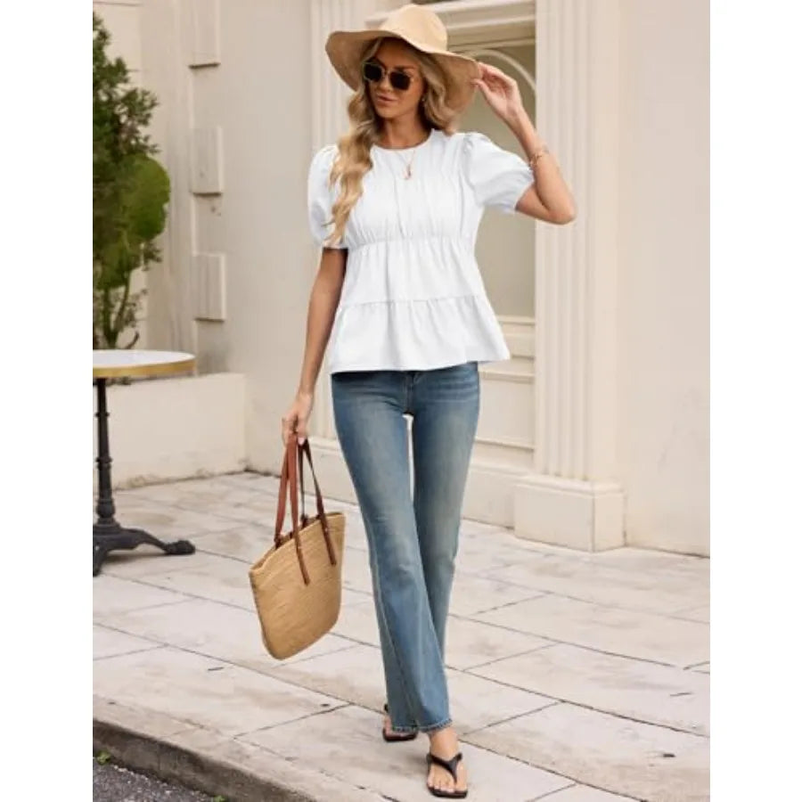 Women's Puff Sleeve Babydoll Top Casual Loose Fit Peplum Blouse
