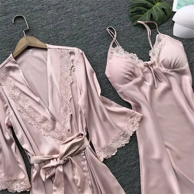 NONECN Satin Lace Pajamas Set for Women V Neck Nightwear