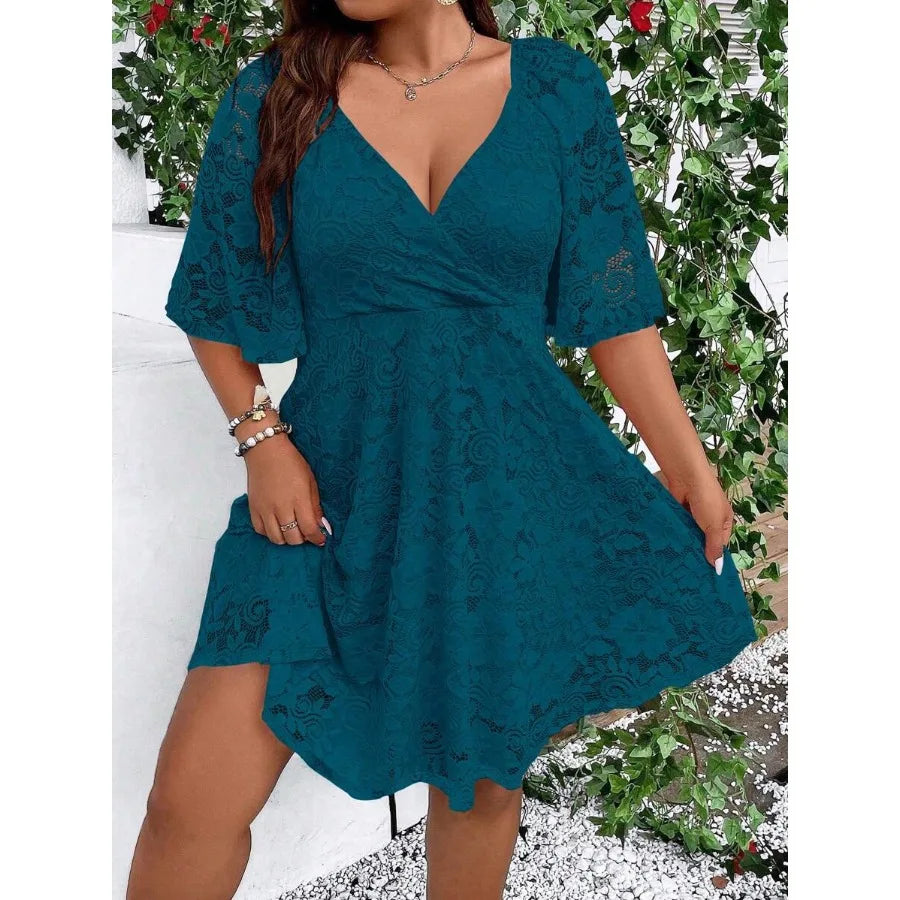 Women's Summer V-Neck Lace Overlay Short Sleeve Elegant Dress