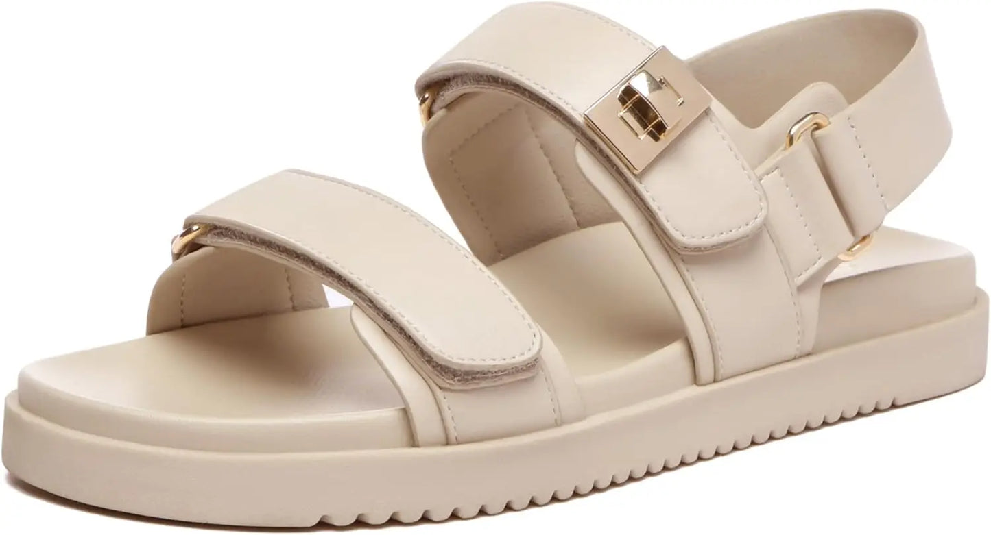 Women's Leather Flat Sandals With Adjustable Double Straps