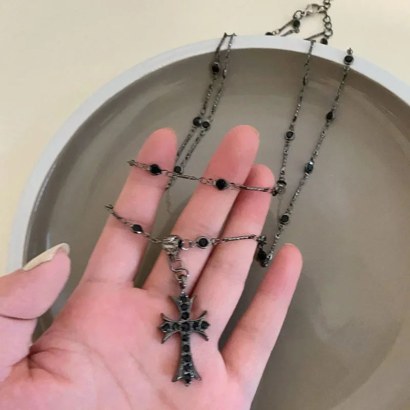 Crystal Rhinestone Cross Jesus Pendant Necklace for Women Layered Chain