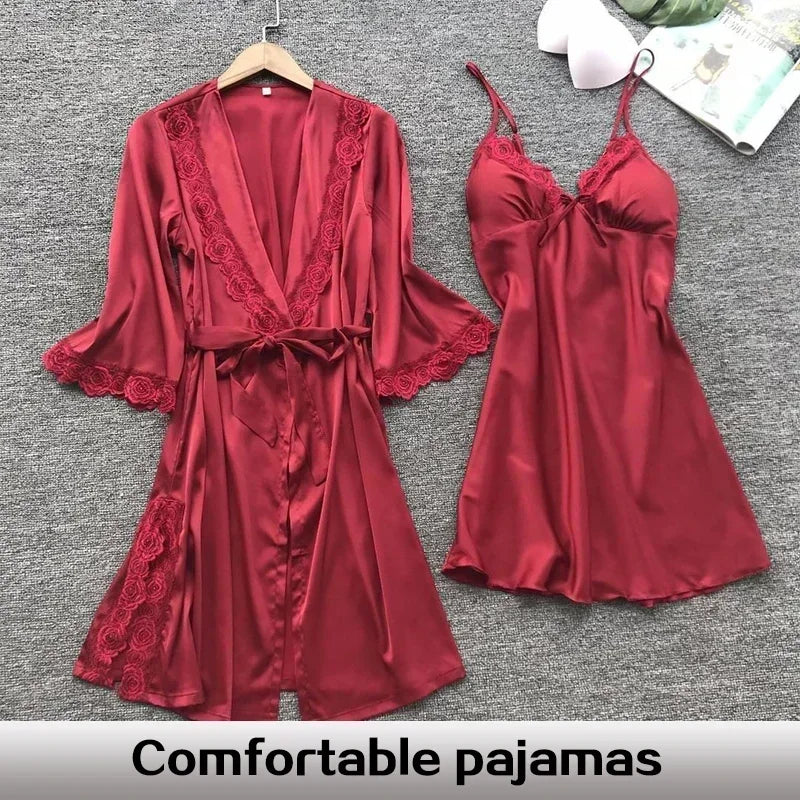 NONECN Satin Lace Pajamas Set for Women V Neck Nightwear