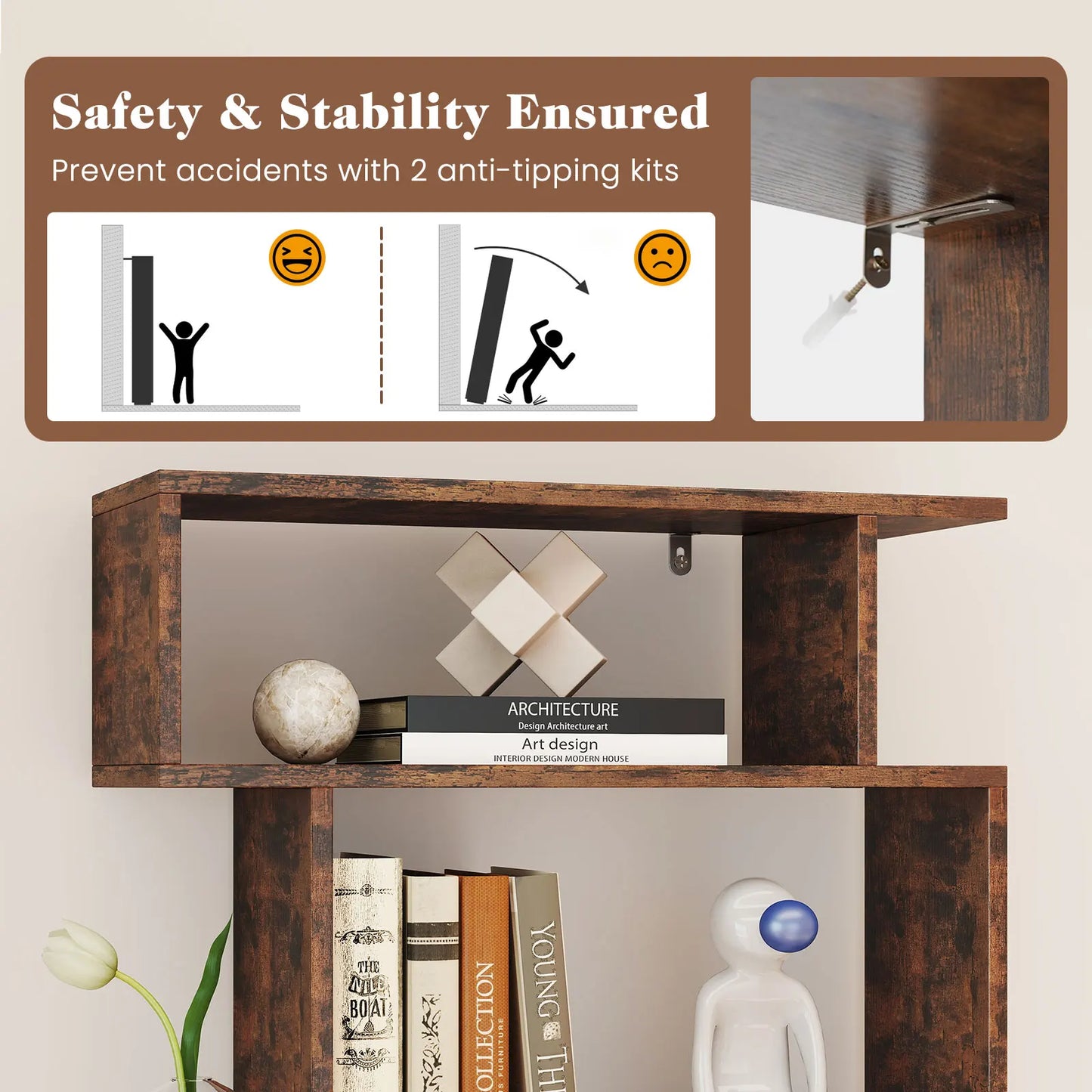 HOMASIS S Shaped Geometric Bookcase With Anti Toppling Kits