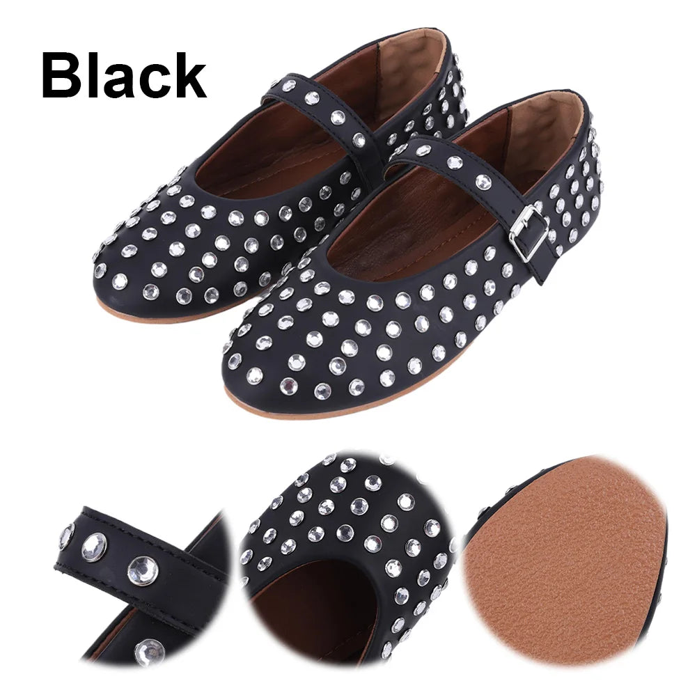 Women Crystal Studded Ballet Flats Rhinestone Buckle Strap Glitter Shoes