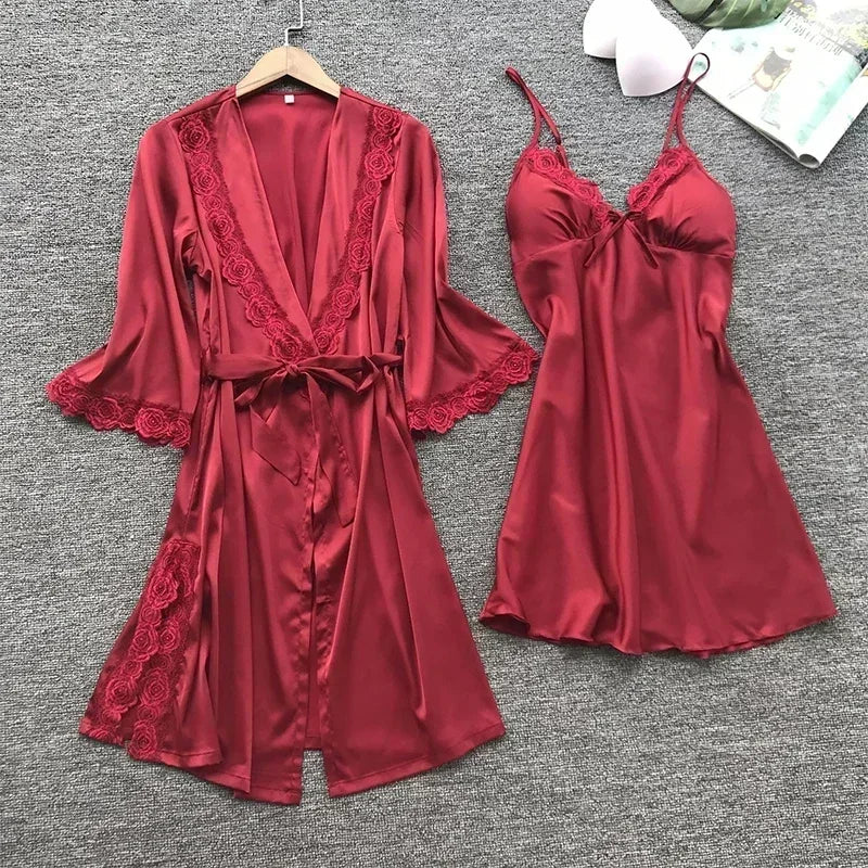 NONECN Satin Lace Pajamas Set for Women V Neck Nightwear