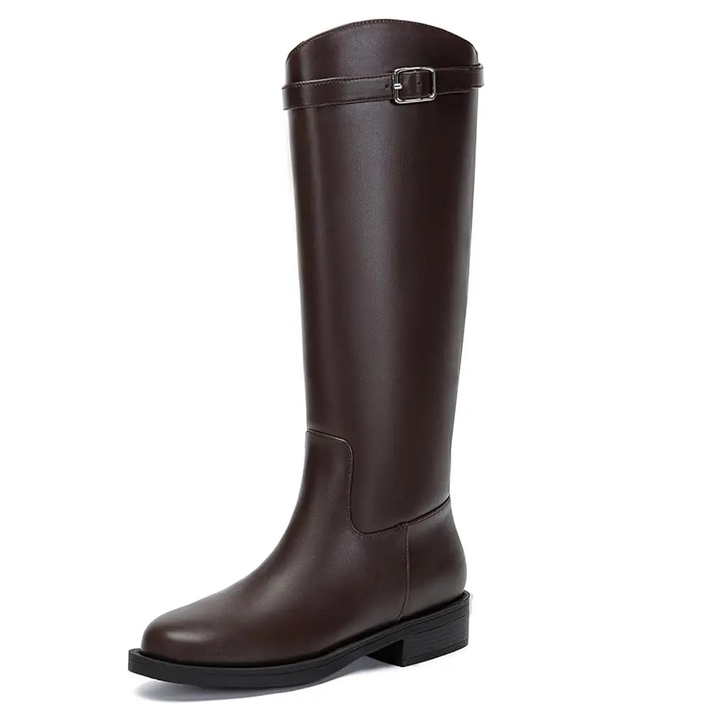 Athlefit Women Knee High Riding Boots Round Toe Buckle