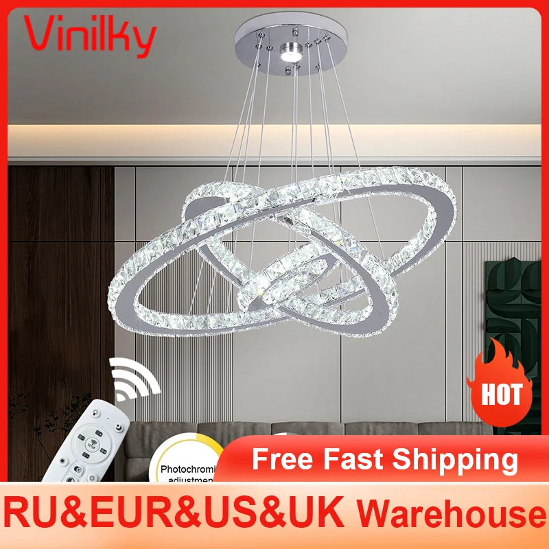 Vinilky Crystal Luxury Pendant Lights For Living Room Remote Control Chandeliers