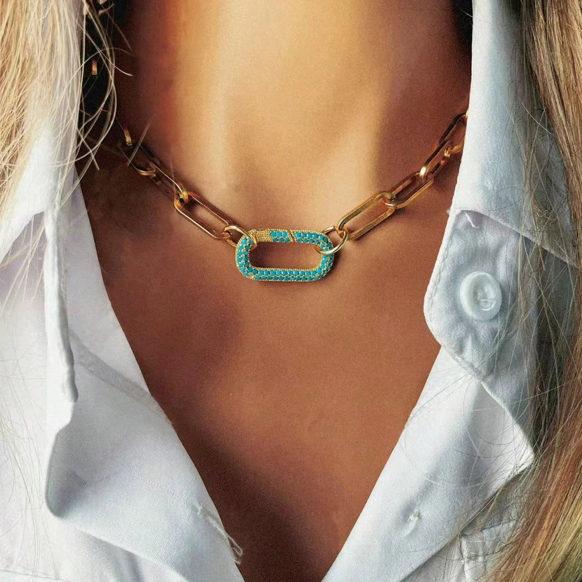 Oval Buckle Necklace With Zircon Accent Stainless Steel
