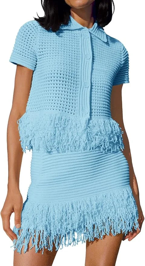 Fisoew Women Two Piece Crochet Set With Fringe Detail Beachwear