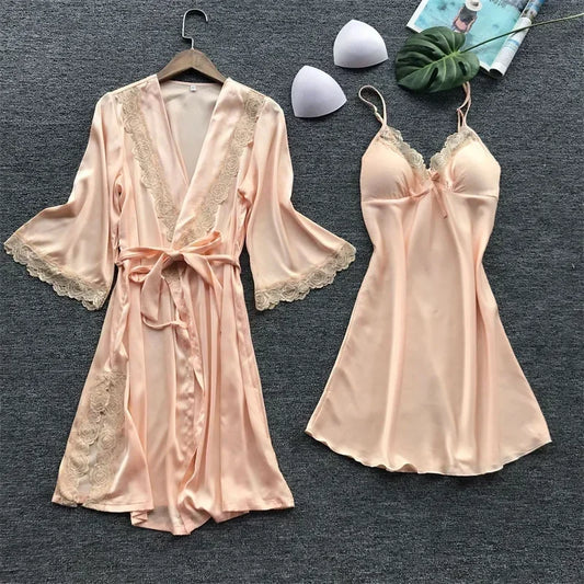NONECN Satin Lace Pajamas Set for Women V Neck Nightwear
