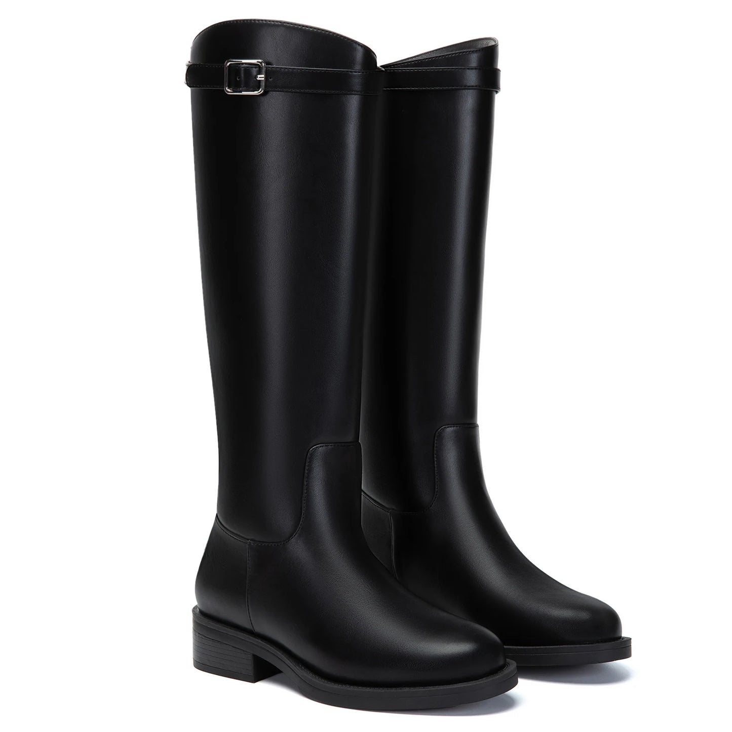 Athlefit Women Knee High Riding Boots Round Toe Buckle