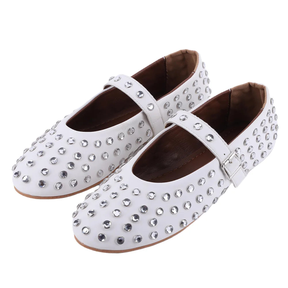 Women Crystal Studded Ballet Flats Rhinestone Buckle Strap Glitter Shoes