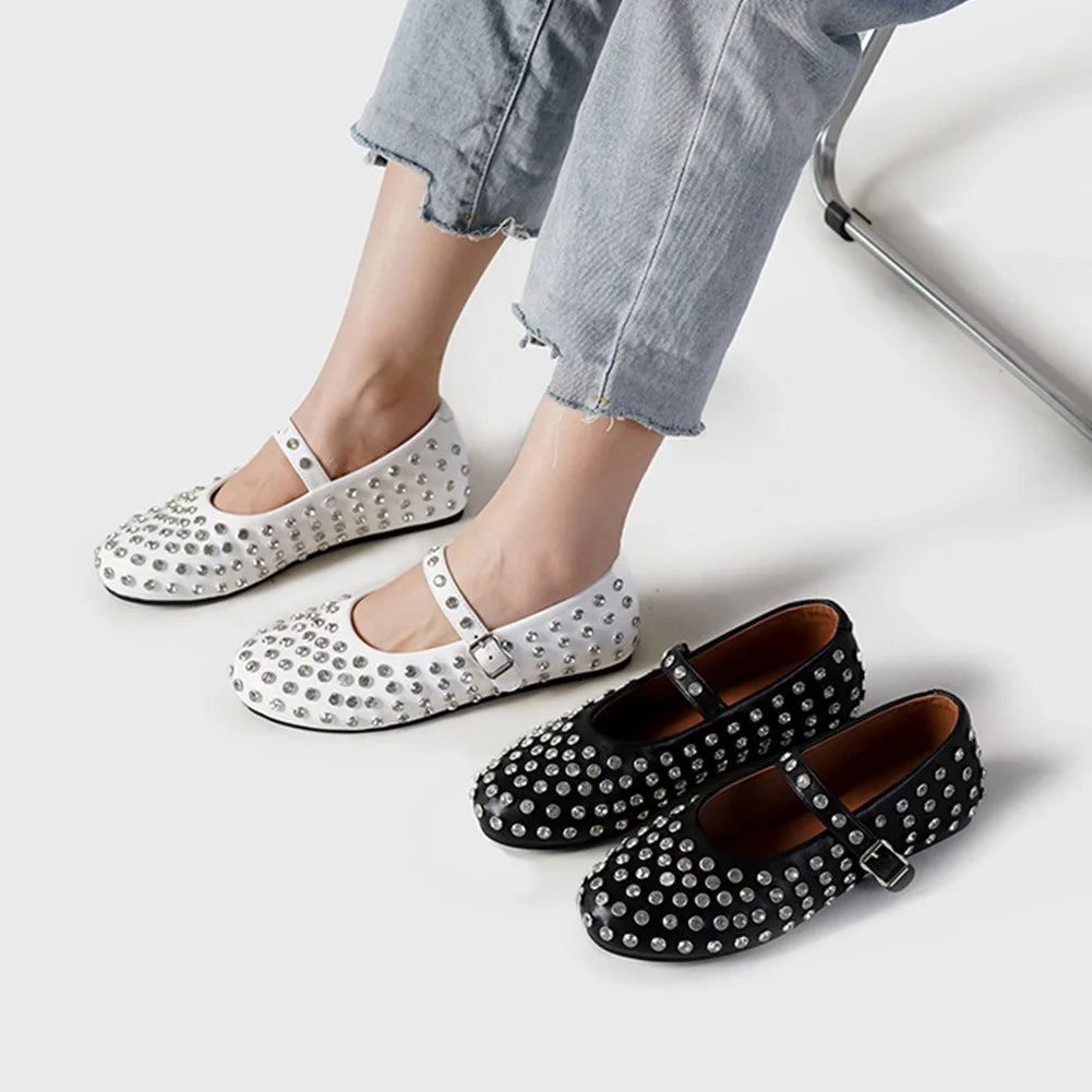 Women Crystal Studded Ballet Flats Rhinestone Buckle Strap Glitter Shoes