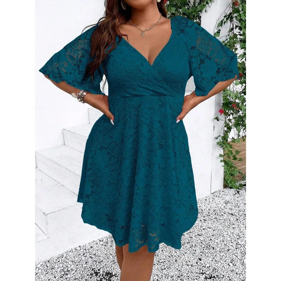 Women's Summer V-Neck Lace Overlay Short Sleeve Elegant Dress