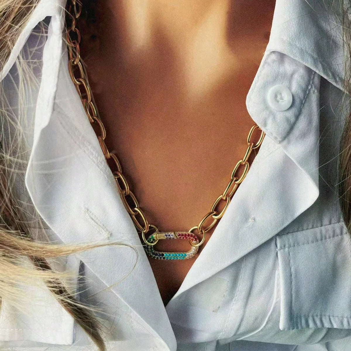 Oval Buckle Necklace With Zircon Accent Stainless Steel
