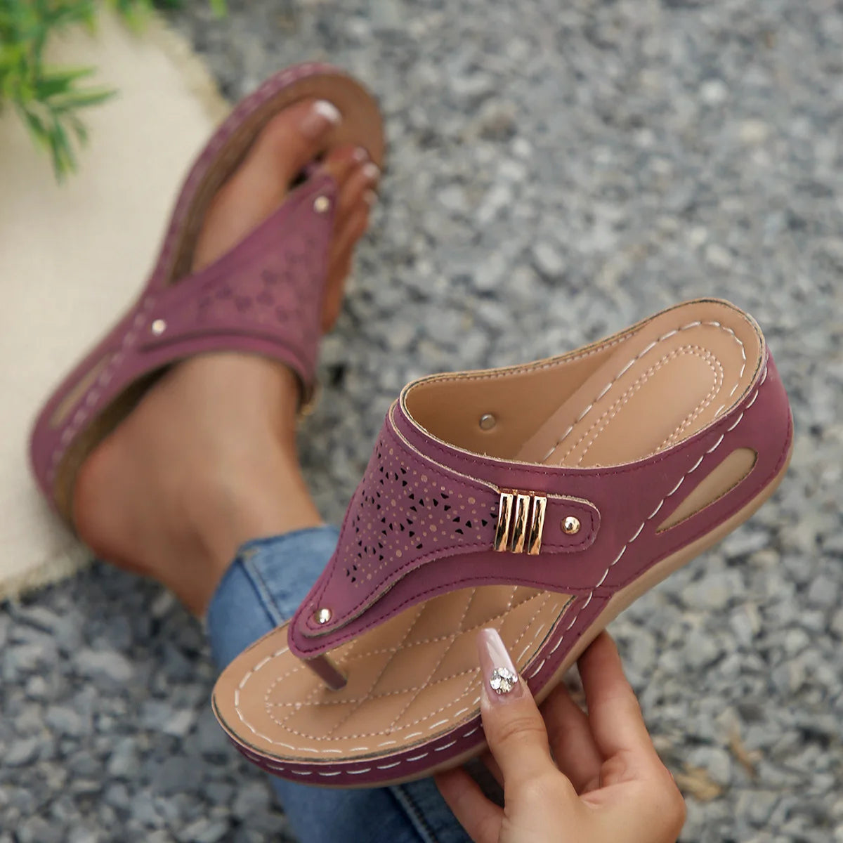Women's Wedge Sandals With Cutout Embroidery Cork Sole