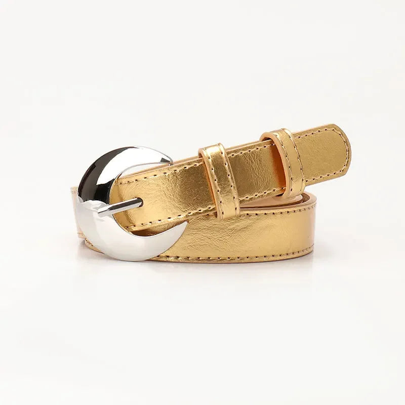 Womens Belt Silver Buckle Polyurethane Metal Waistband Fashion
