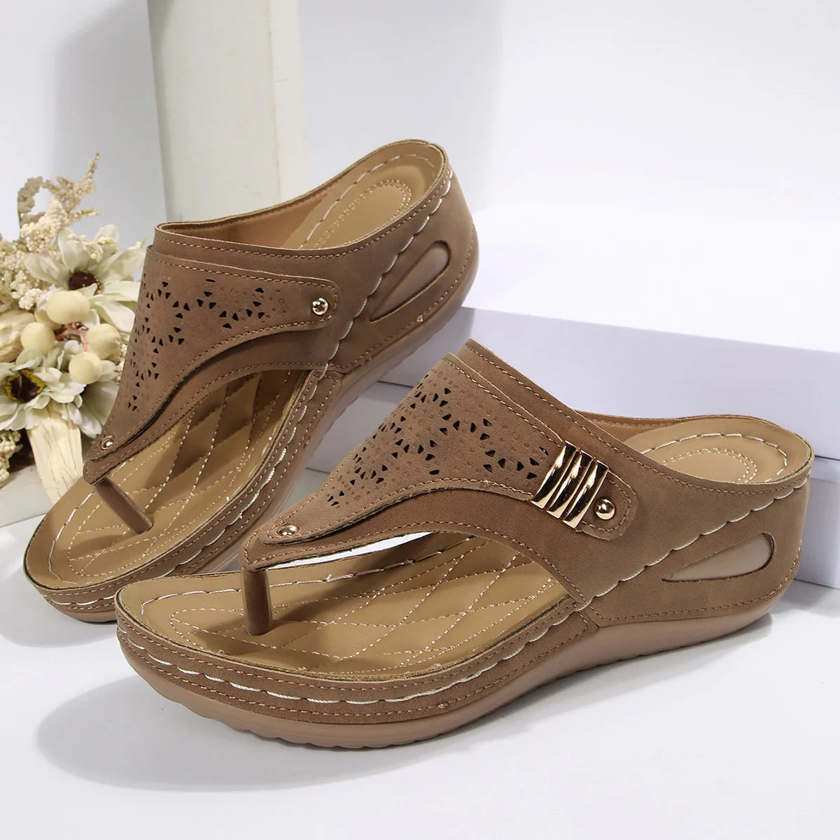 Women's Wedge Sandals With Cutout Embroidery Cork Sole
