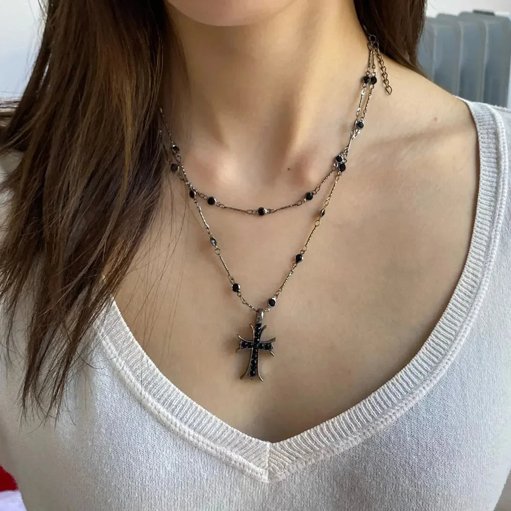 Crystal Rhinestone Cross Jesus Pendant Necklace for Women Layered Chain