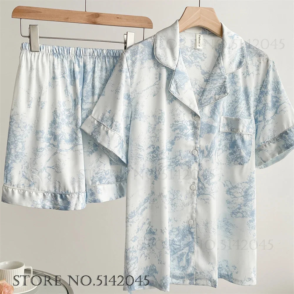 Floral Satin Pajama Set For Women Sleepwear Lounge Wear