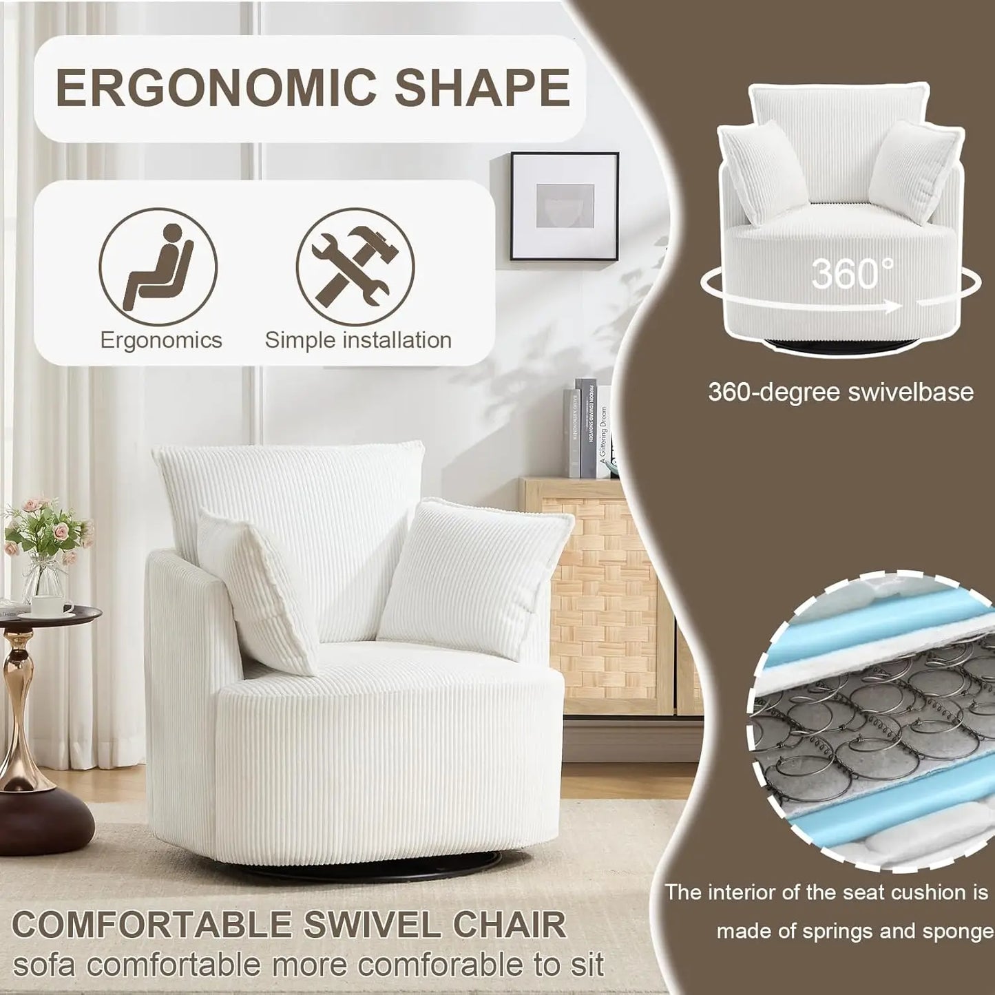 Swivel Barrel Chair Upholstered Reclining Armchair For Living Room