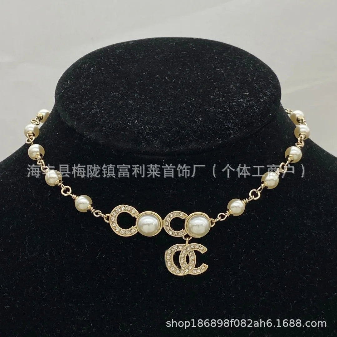 NONECN Pearl Necklace Diamond Encrusted Zircon Choker Chain