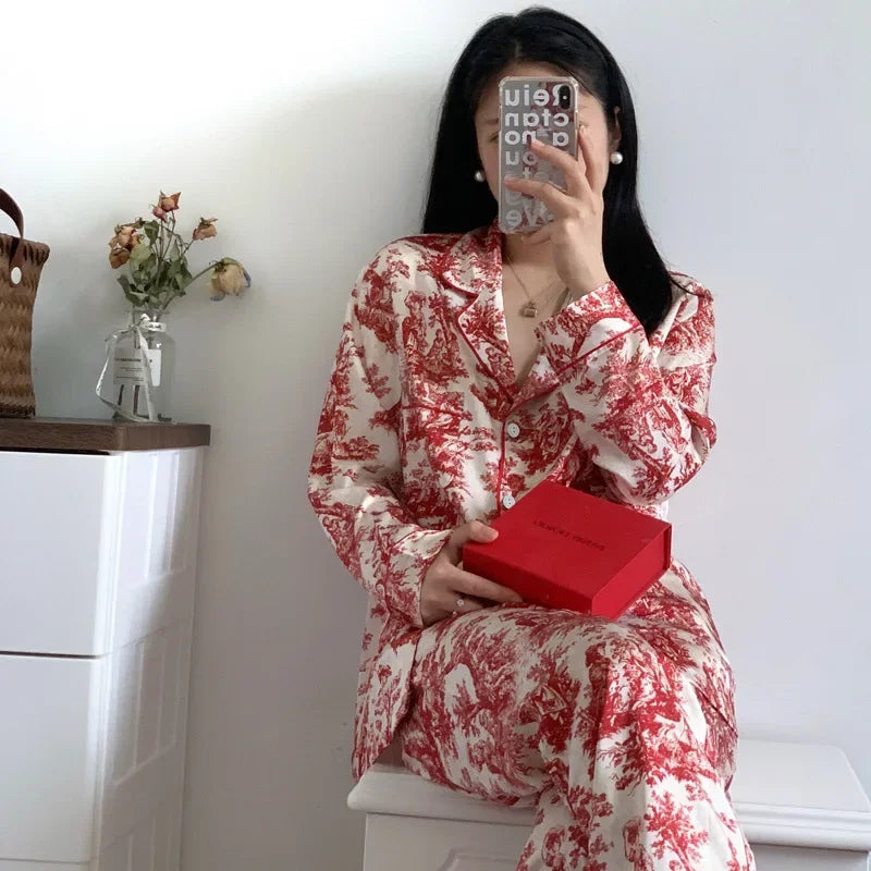Floral Satin Pajama Set For Women Sleepwear Lounge Wear