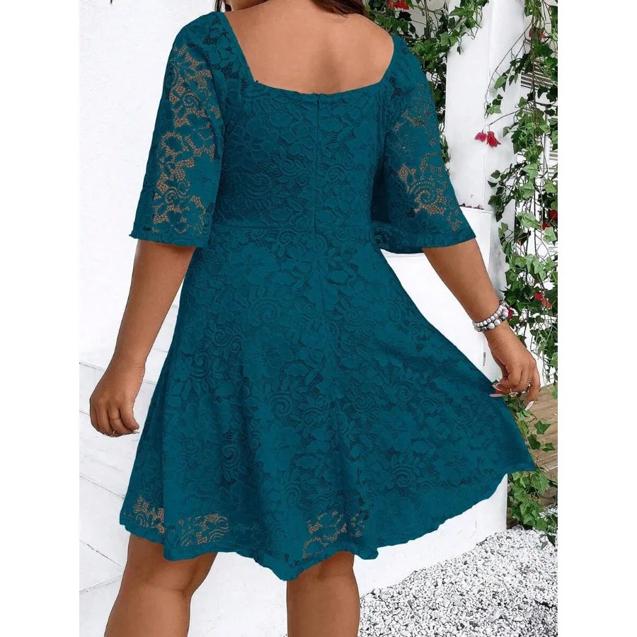 Women's Summer V-Neck Lace Overlay Short Sleeve Elegant Dress